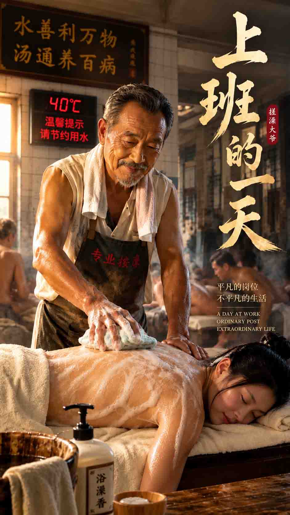 【AI成人视频】搓澡大爷上班的一天